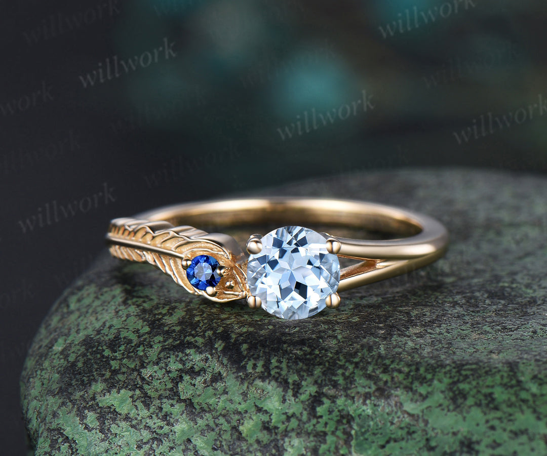 Vintage round cut aquamarine Engagement Ring solid 14k yellow gold Peacock Feather two stone Toi et Moi ring wedding women gift