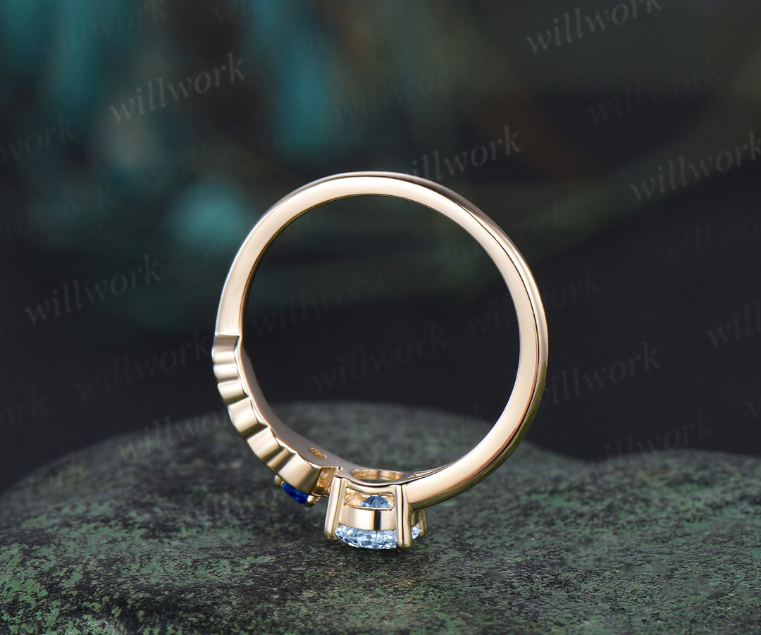 Vintage round cut aquamarine Engagement Ring solid 14k yellow gold Peacock Feather two stone Toi et Moi ring wedding women gift