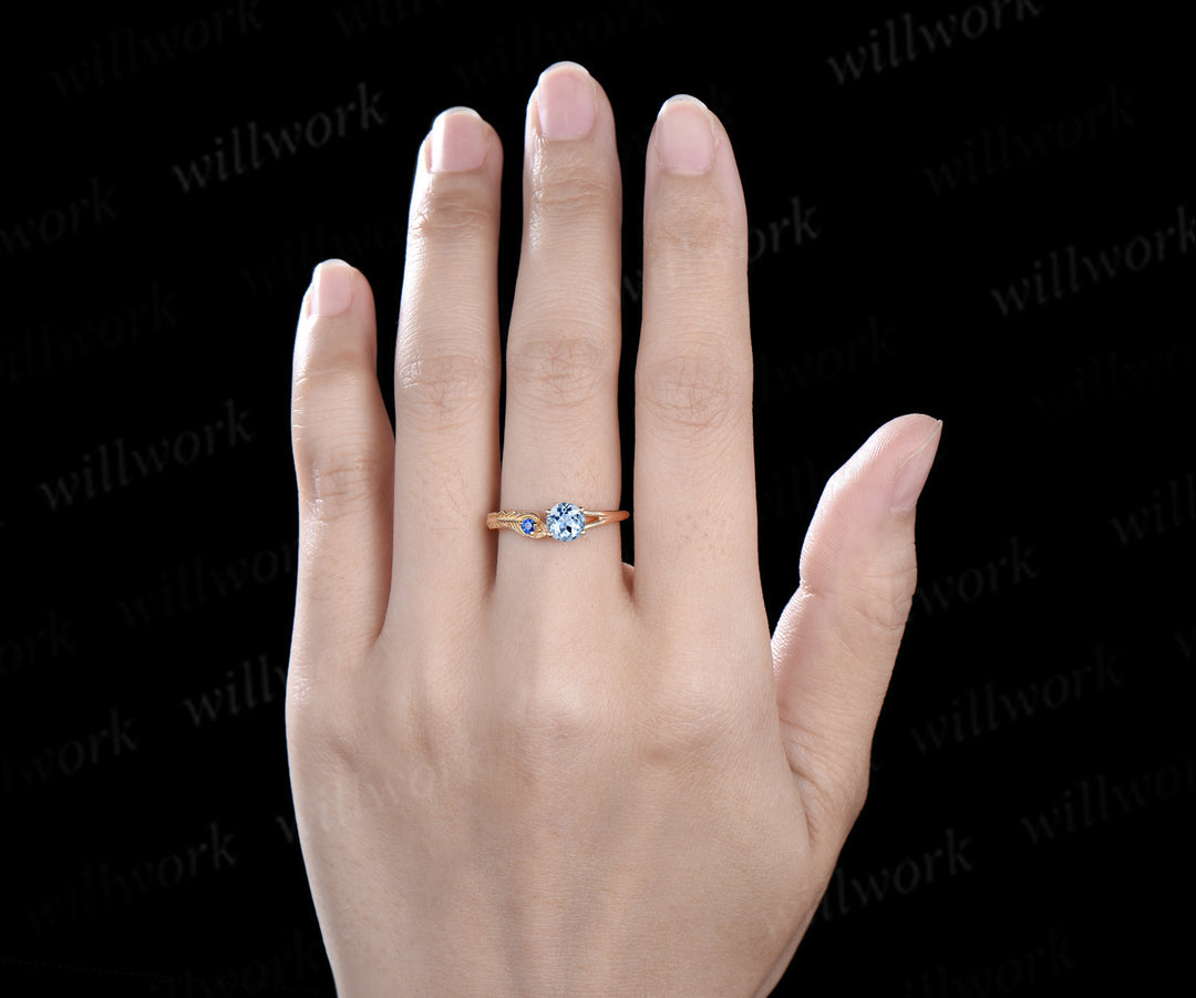 Vintage round cut aquamarine Engagement Ring solid 14k yellow gold Peacock Feather two stone Toi et Moi ring wedding women gift