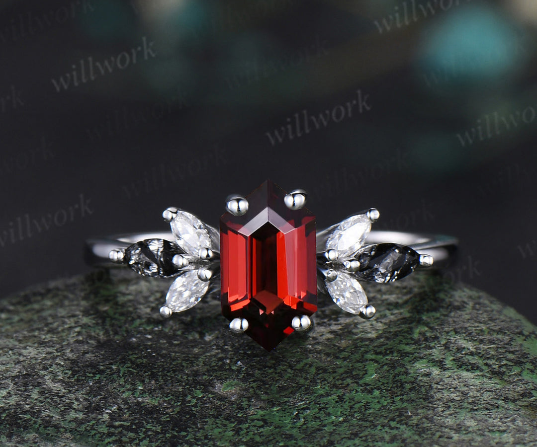 Long hexagon cut red garnet engagement ring 14k white gold cluster marquise black rutilated quartz diamond anniversary wedding ring set women