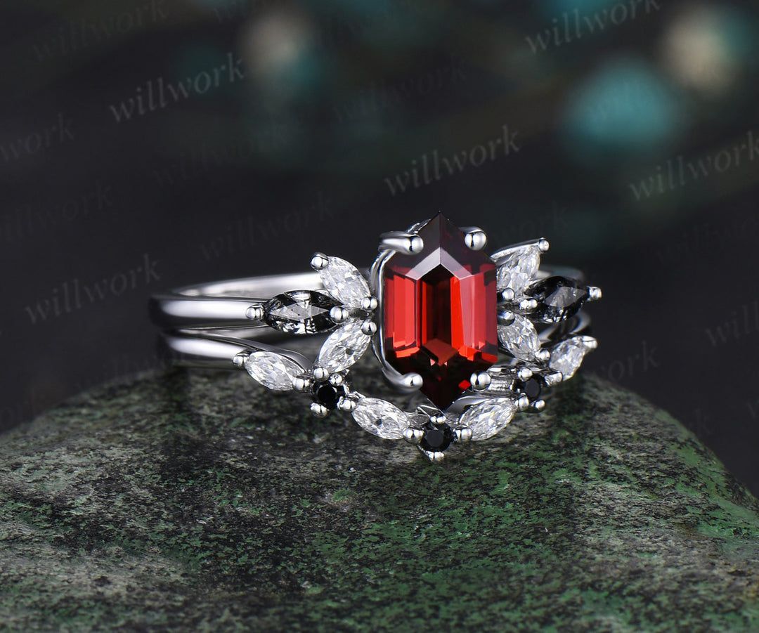 Long hexagon cut red garnet engagement ring 14k white gold cluster marquise black rutilated quartz diamond anniversary wedding ring set women