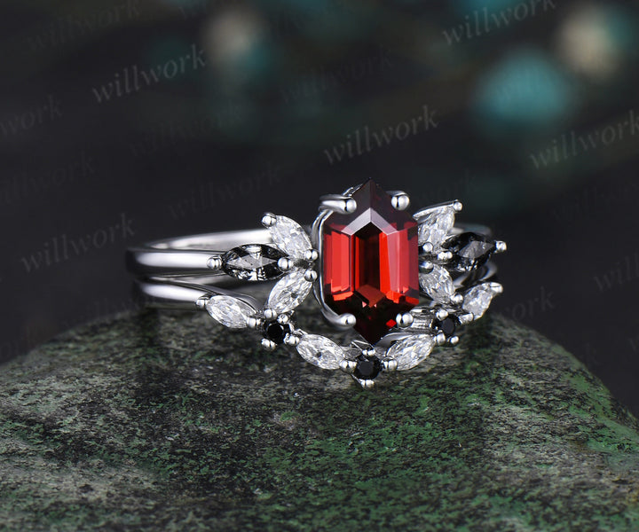Long hexagon cut red garnet engagement ring 14k white gold cluster marquise black rutilated quartz diamond anniversary wedding ring set women