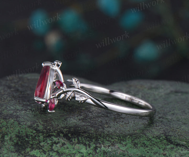 Pear shaped ruby engagement ring white gold leaf branch marquise ruby wedding anniversary ring women gift