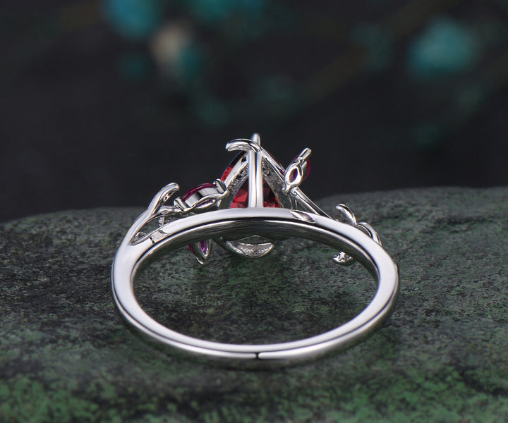 Pear shaped ruby engagement ring white gold leaf branch marquise ruby wedding anniversary ring women gift