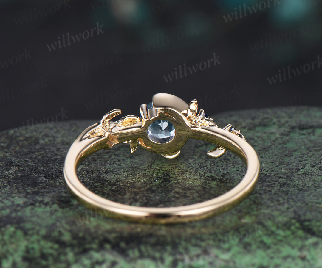 Moon Round cut aquamarine Engagement Ring 14k yellow gold leaf star sapphire ring vintage vine branch unique wedding ring women jewelry