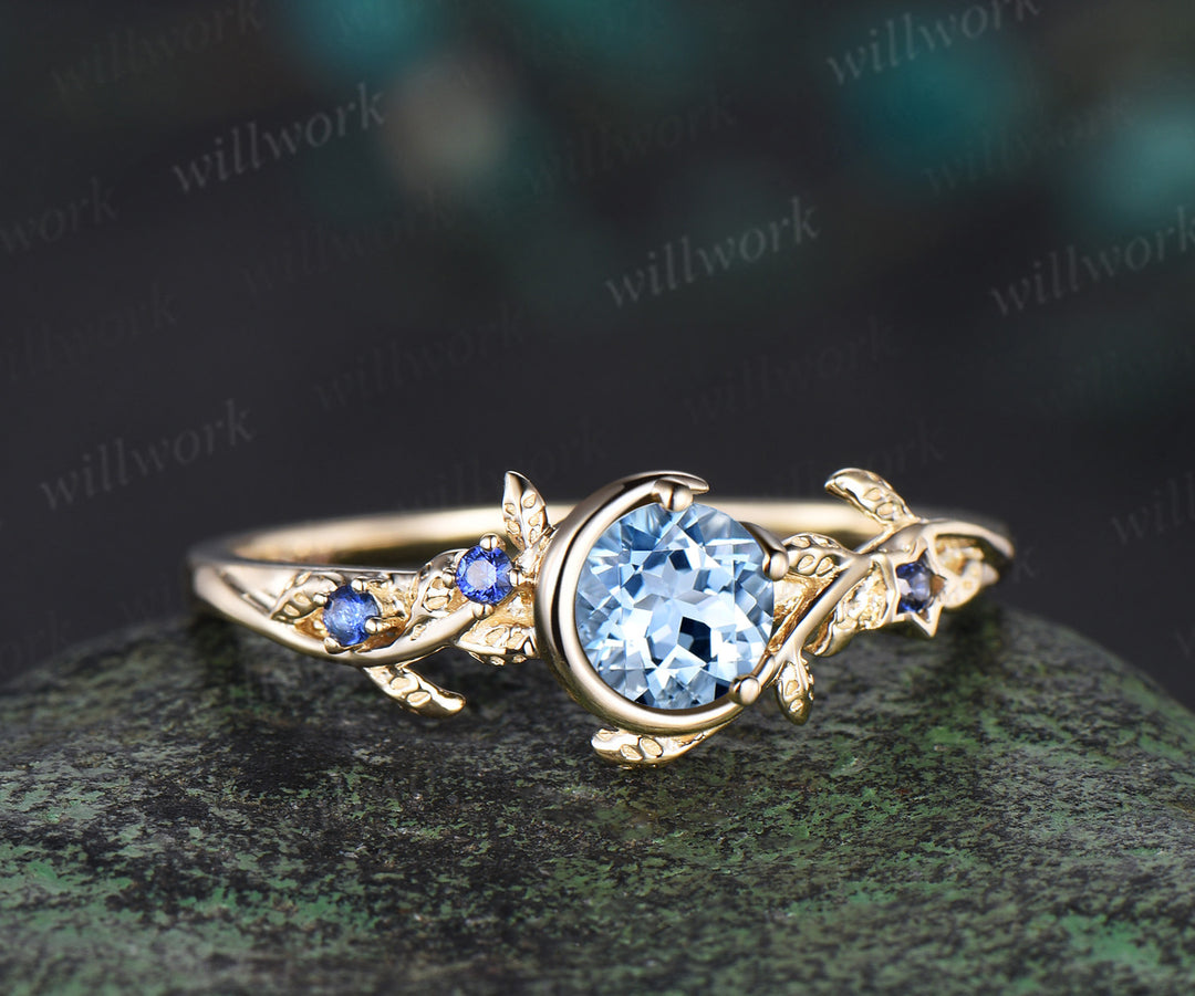 Moon Round cut aquamarine Engagement Ring 14k yellow gold leaf star sapphire ring vintage vine branch unique wedding ring women jewelry