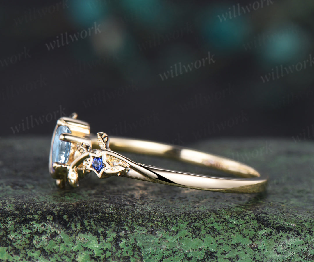 Moon Round cut aquamarine Engagement Ring 14k yellow gold leaf star sapphire ring vintage vine branch unique wedding ring women jewelry