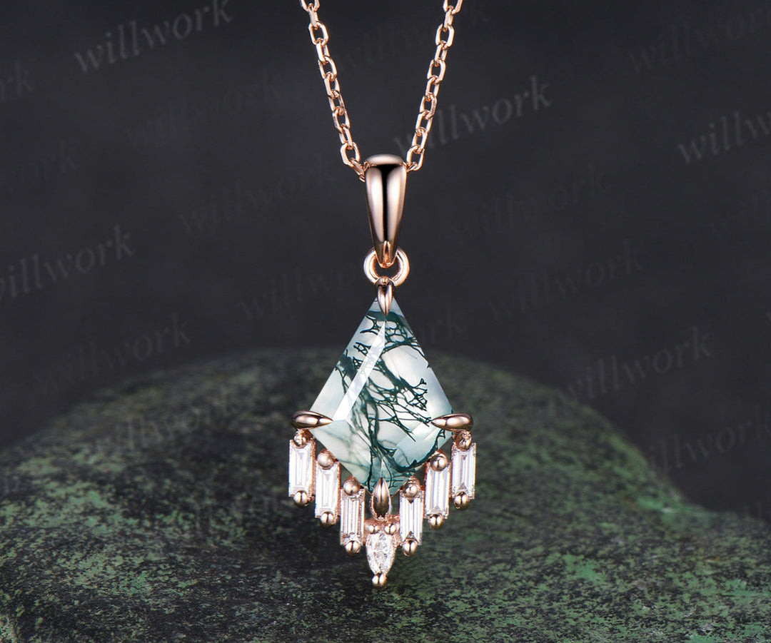 3ct Kite cut green moss agate necklace rose gold cluster marquise baguette cut diamond necklace pendant women anniversary gift her
