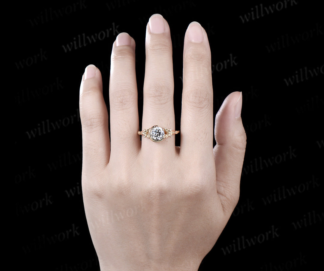 Vintage 1ct round cut IGI Lab grown diamond engagement ring yellow gold Celtic knot moon butterfly unique anniversary wedding ring women