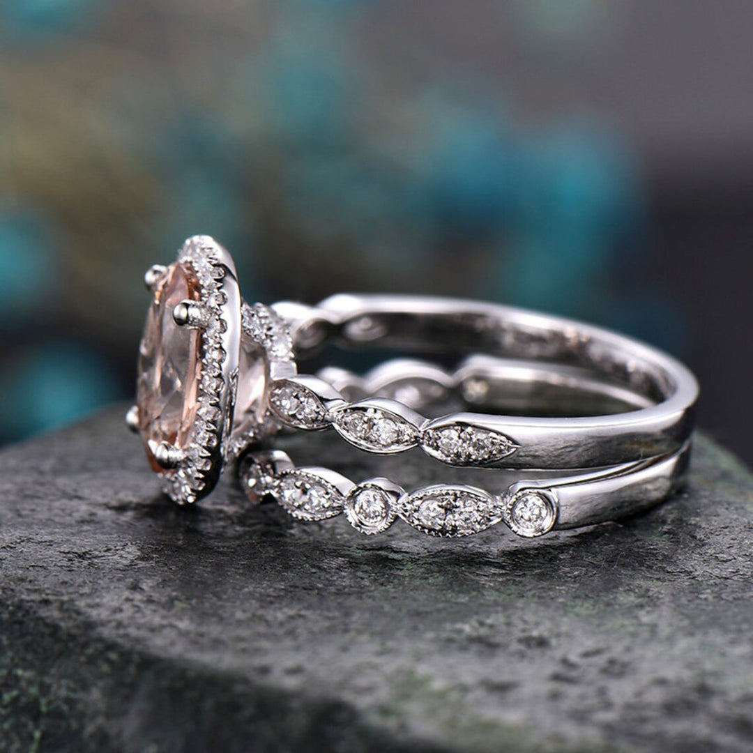 Morganite engagement ring set handmade solid 14k white gold ring under halo open diamond ring band 7x9 oval cut gemstone bridal ring set