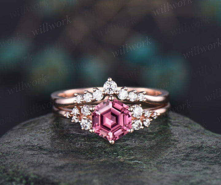 Hexagon cut natural pink tourmaline ring rose gold unique engagement ring set women snowdrift diamond ring 6 prong bridal wedding ring set