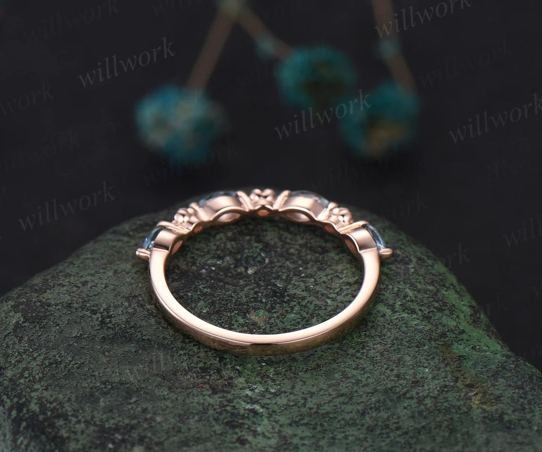 Flower marquise cut Aquamarine wedding band solid 14k rose gold half eternity stacking wedding ring art deco bridal anniversary ring gift