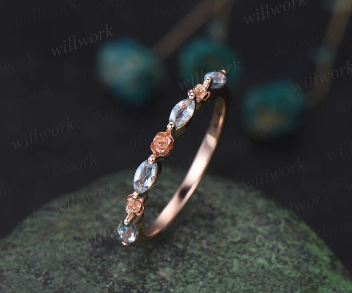 Flower marquise cut Aquamarine wedding band solid 14k rose gold half eternity stacking wedding ring art deco bridal anniversary ring gift