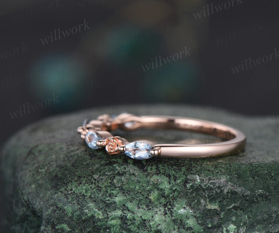 Flower marquise cut Aquamarine wedding band solid 14k rose gold half eternity stacking wedding ring art deco bridal anniversary ring gift