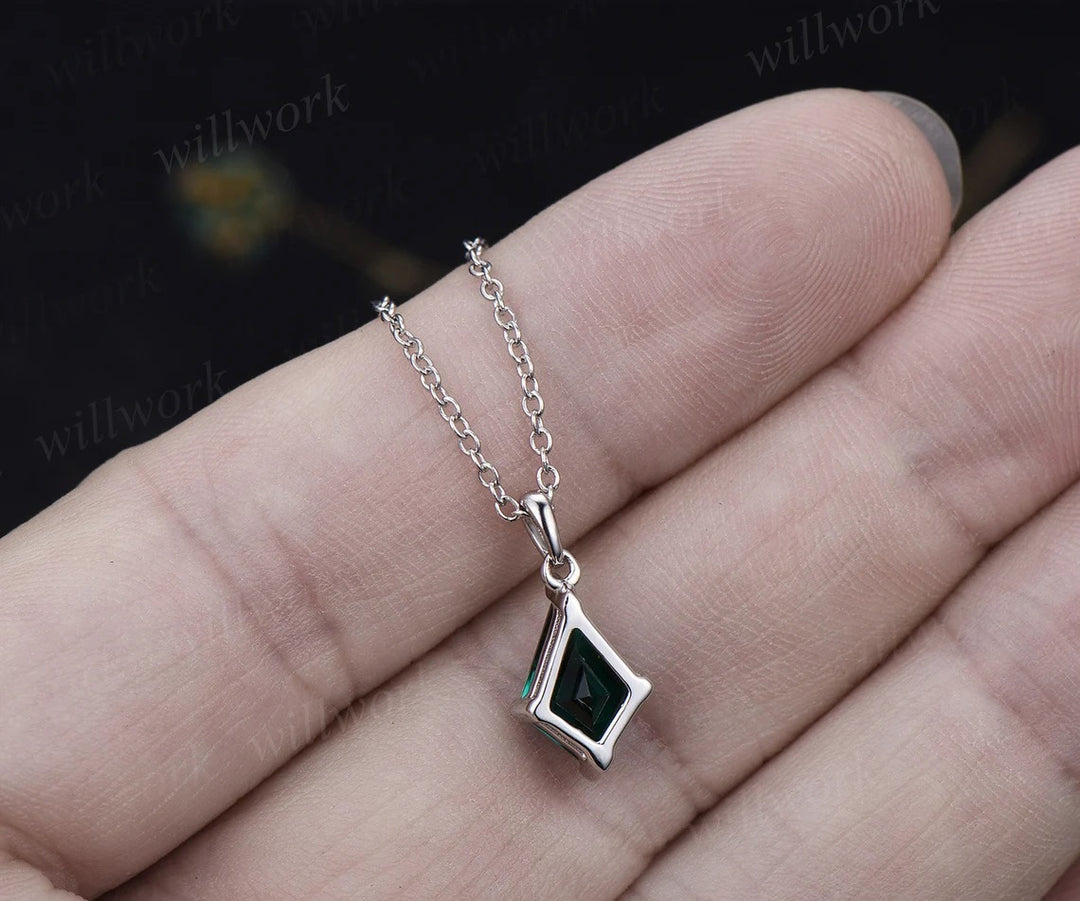 Kite green emerald necklace solid 14k 18k yellow gold vintage unique Personalized pendant women her gemstone anniversary bridal gift mother