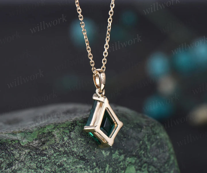 Kite green emerald necklace solid 14k 18k yellow gold vintage unique Personalized pendant women her gemstone anniversary bridal gift mother