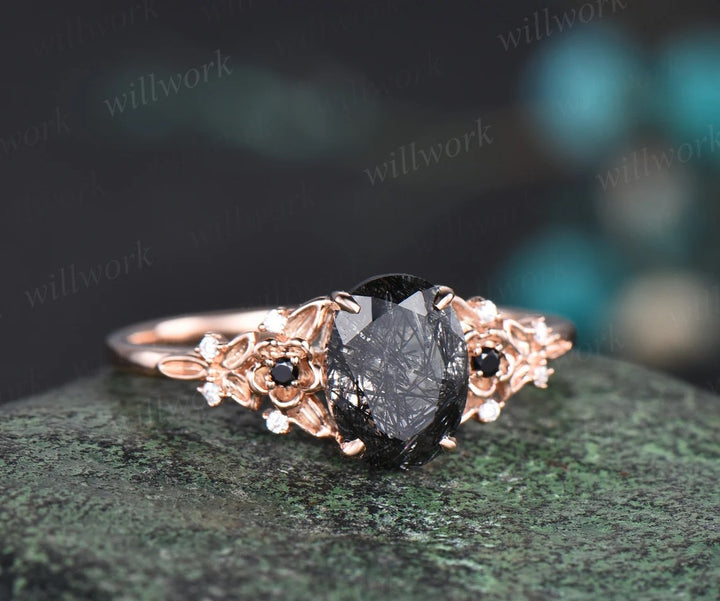Vintage oval black rutilated quartz engagement ring leaf nature inspired black spinel diamond ring women art deco bridal promise ring set