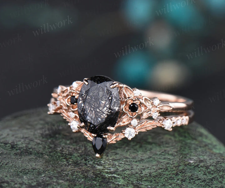 Vintage oval black rutilated quartz engagement ring leaf nature inspired black spinel diamond ring women art deco bridal promise ring set
