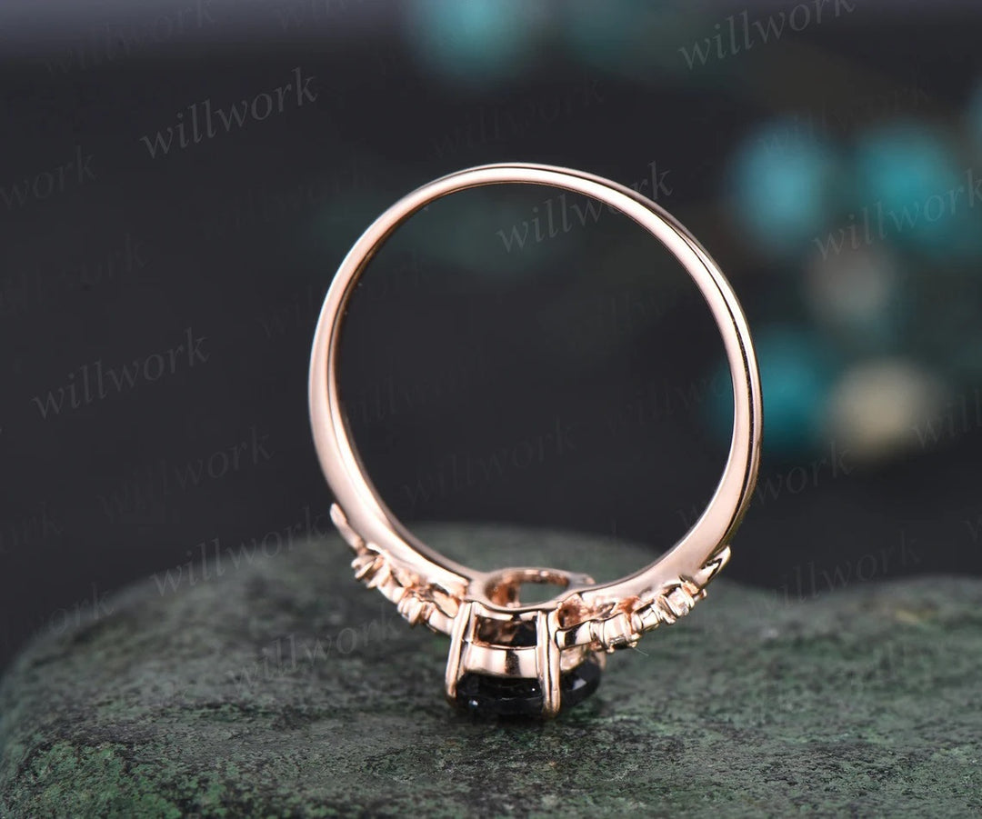 Vintage oval black rutilated quartz engagement ring leaf nature inspired black spinel diamond ring women art deco bridal promise ring set