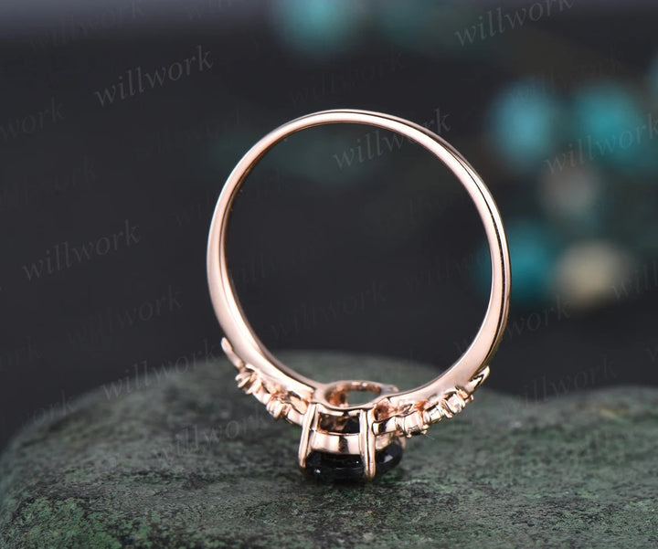 Vintage oval black rutilated quartz engagement ring leaf nature inspired black spinel diamond ring women art deco bridal promise ring set