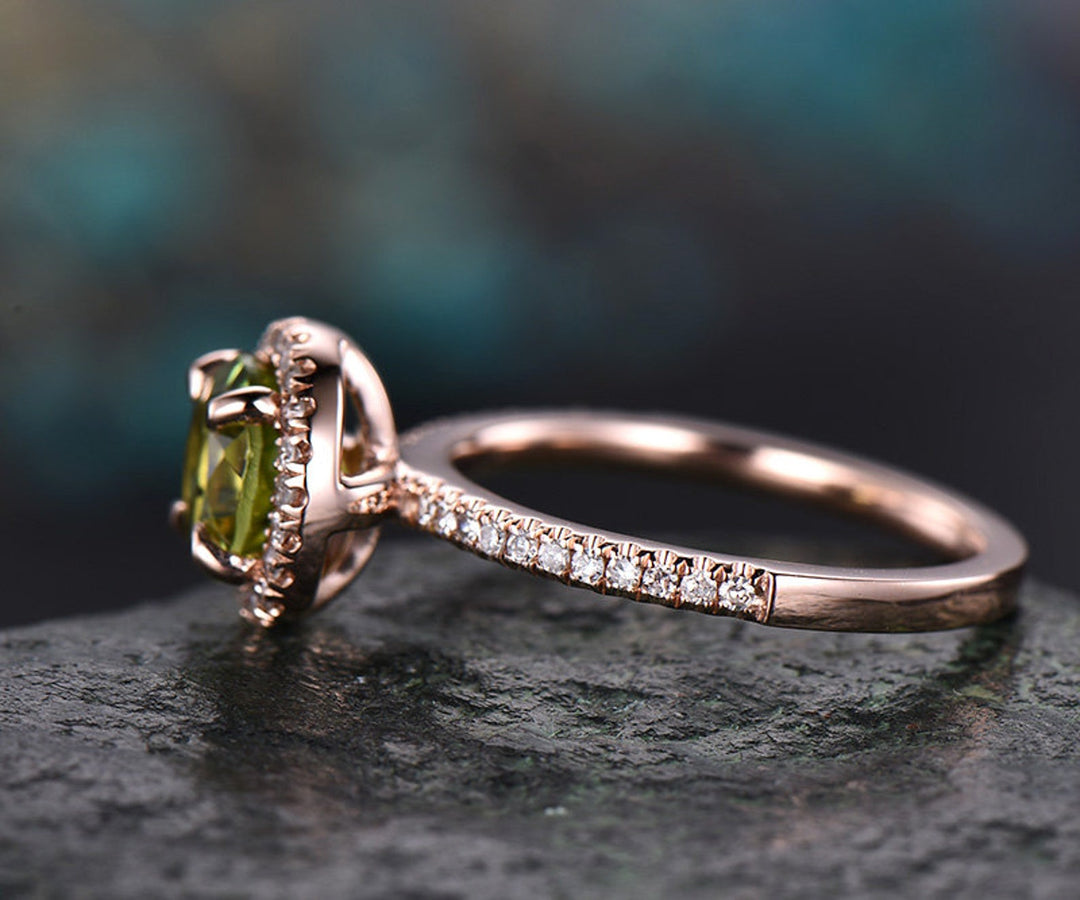 Green natural Peridot engagement ring-Solid 14k Rose gold-handmade Diamond Bridal ring-Stacking band-Round  promise ring diamond halo ring