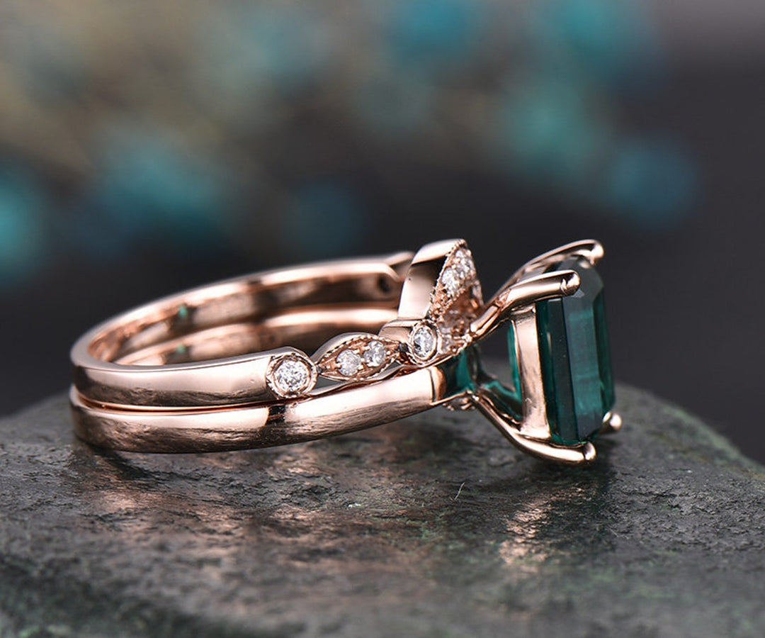 Green Emerald engagement ring set 14k Rose gold-emerald ring gold handmade Diamond ring May birthstone ring 2pcs emerald matching bridal set