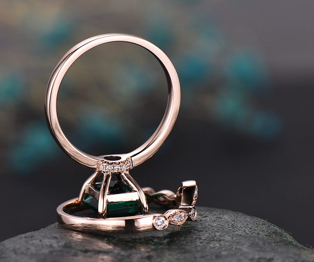 Green Emerald engagement ring set 14k Rose gold-emerald ring gold handmade Diamond ring May birthstone ring 2pcs emerald matching bridal set