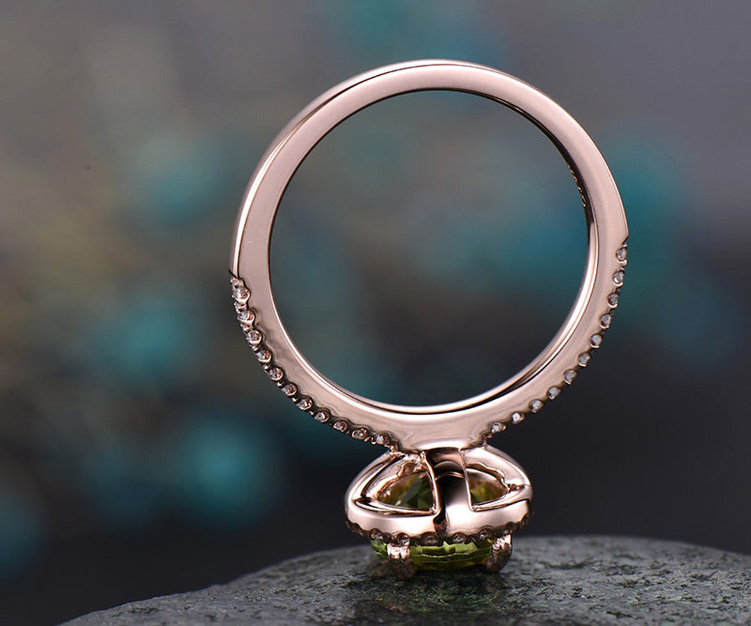 Green natural Peridot engagement ring-Solid 14k Rose gold-handmade Diamond Bridal ring-Stacking band-Round  promise ring diamond halo ring
