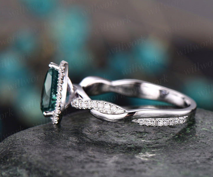 Pear cut green emerald engagement ring white gold emerald ring vintage real diamond halo ring unique May birthstone promise wedding ring