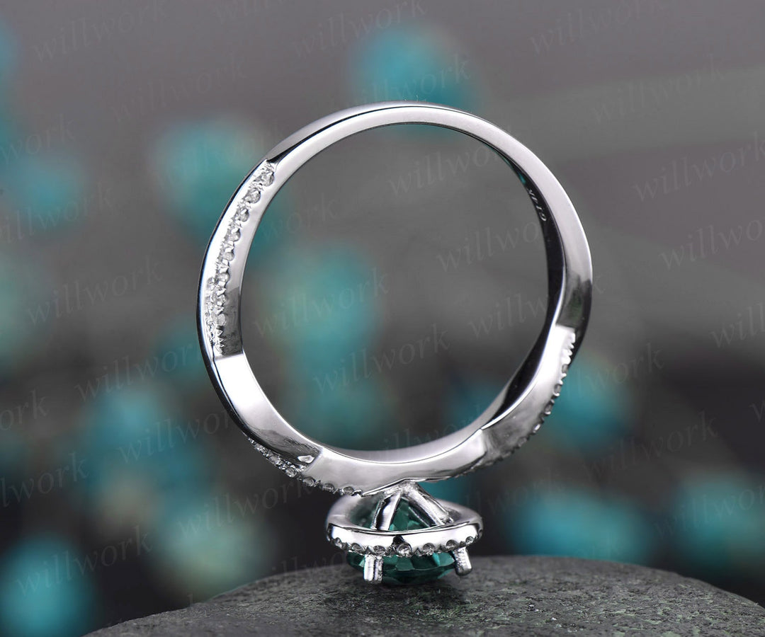 Pear cut green emerald engagement ring white gold emerald ring vintage real diamond halo ring unique May birthstone promise wedding ring