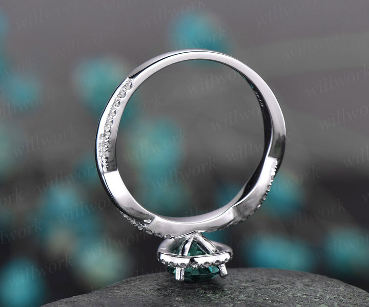 Pear cut green emerald engagement ring white gold emerald ring vintage real diamond halo ring unique May birthstone promise wedding ring