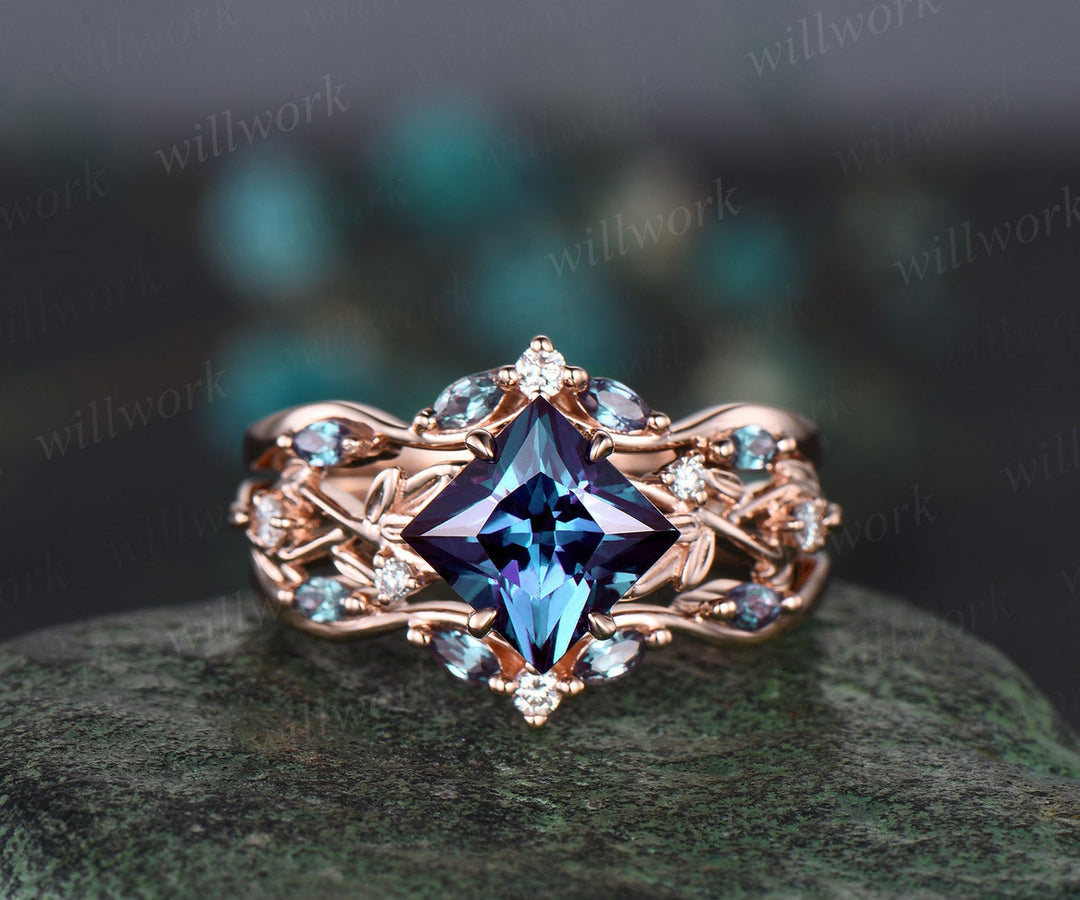 Princess cut Alexandrite engagement ring set 14k white gold five stone leaf branch Nature inspired ring diamond bridal ring set women gift