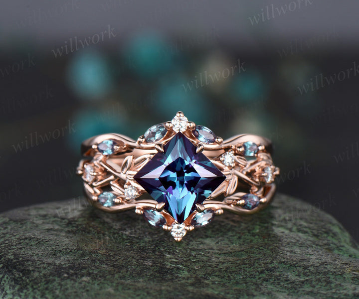 Princess cut Alexandrite engagement ring set 14k white gold five stone leaf branch Nature inspired ring diamond bridal ring set women gift