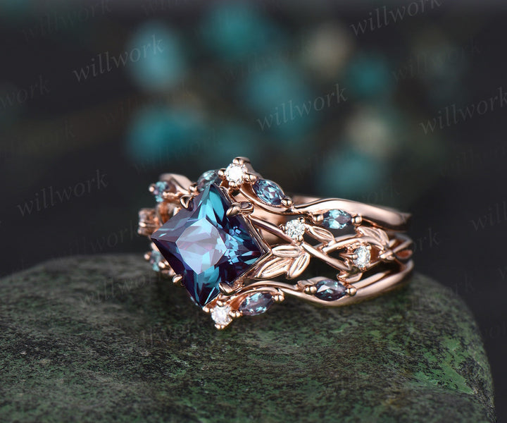 Princess cut Alexandrite engagement ring set 14k white gold five stone leaf branch Nature inspired ring diamond bridal ring set women gift