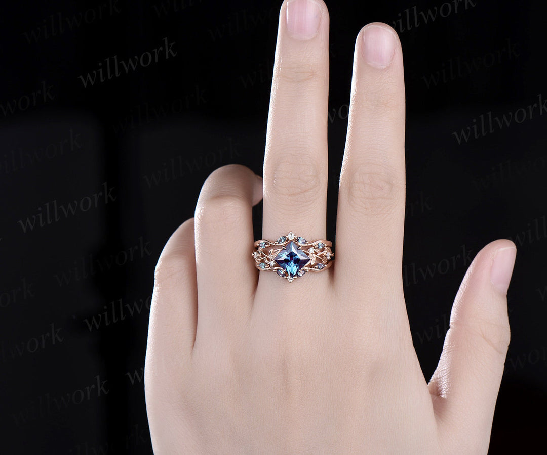 Princess cut Alexandrite engagement ring set 14k white gold five stone leaf branch Nature inspired ring diamond bridal ring set women gift