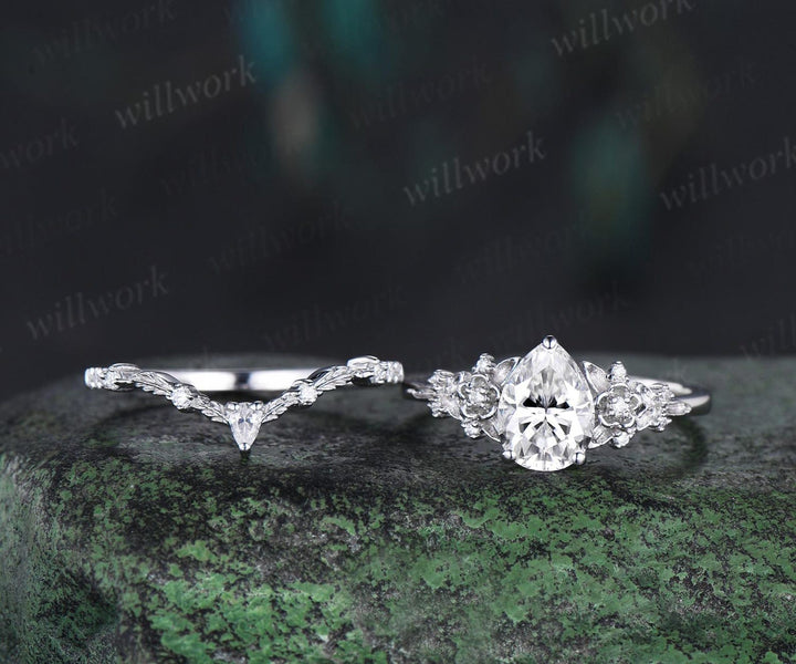 Vintage pear moissanite engagement ring rose gold leaf flower nature inspired ring women unique cluster diamond bridal wedding ring set