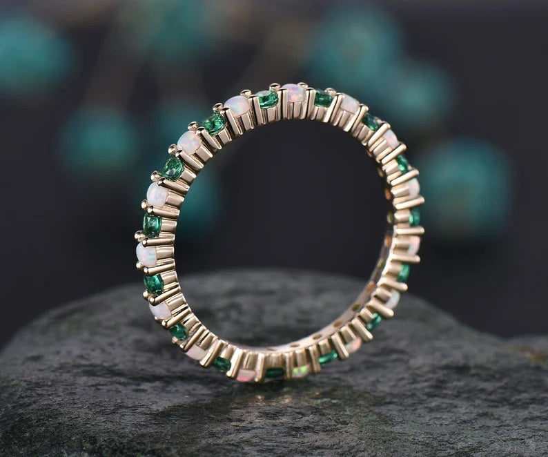 Opal ring vintage emerald ring gold full eternity opal emerald wedding ring band May birthstone matching stacking ring unique jewelry gift