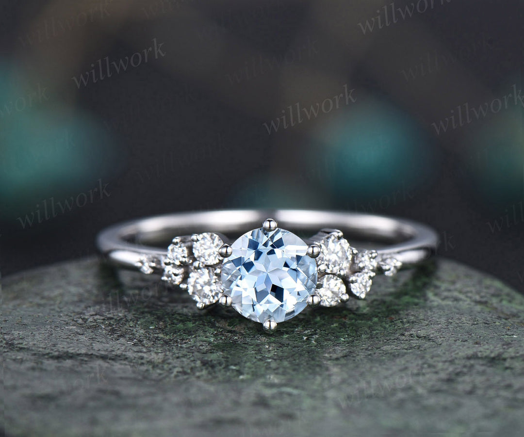 Dainty round aquamarine ring gold vintage aquamarine engagement ring white gold unique snowdrift engagement ring diamond ring women gifts