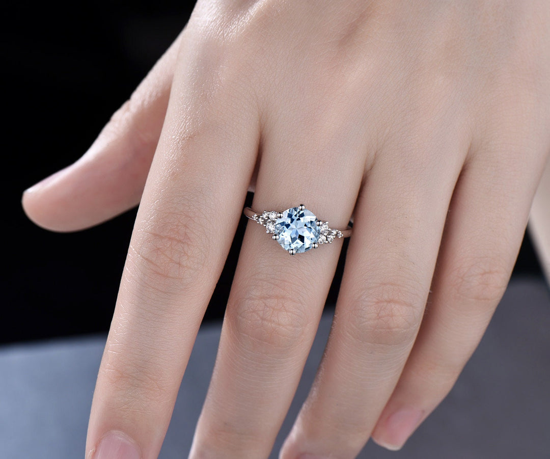 Dainty round aquamarine ring gold vintage aquamarine engagement ring white gold unique snowdrift engagement ring diamond ring women gifts