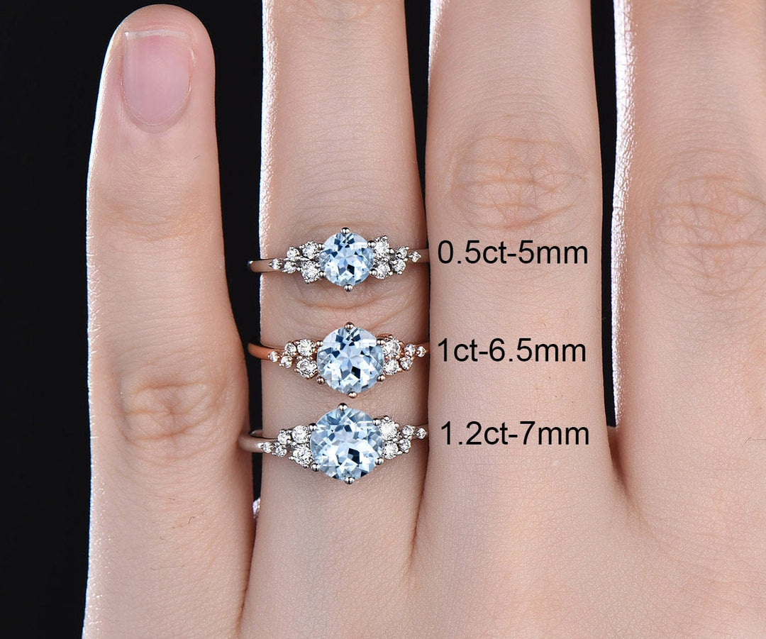 Dainty round aquamarine ring gold vintage aquamarine engagement ring white gold unique snowdrift engagement ring diamond ring women gifts