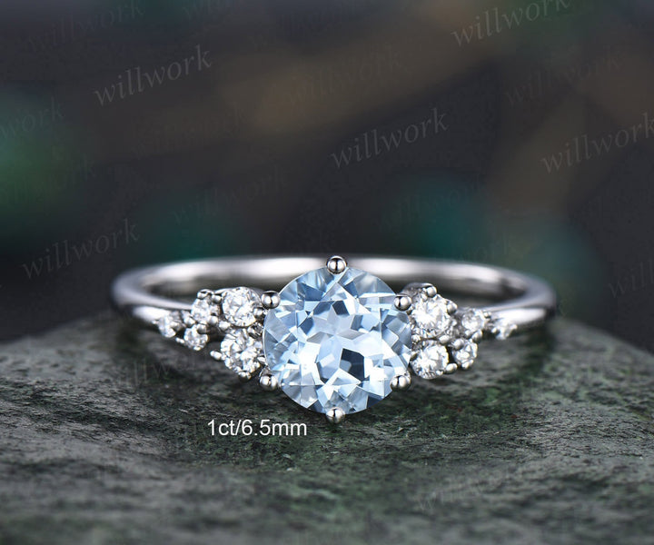 Dainty round aquamarine ring gold vintage aquamarine engagement ring white gold unique snowdrift engagement ring diamond ring women gifts