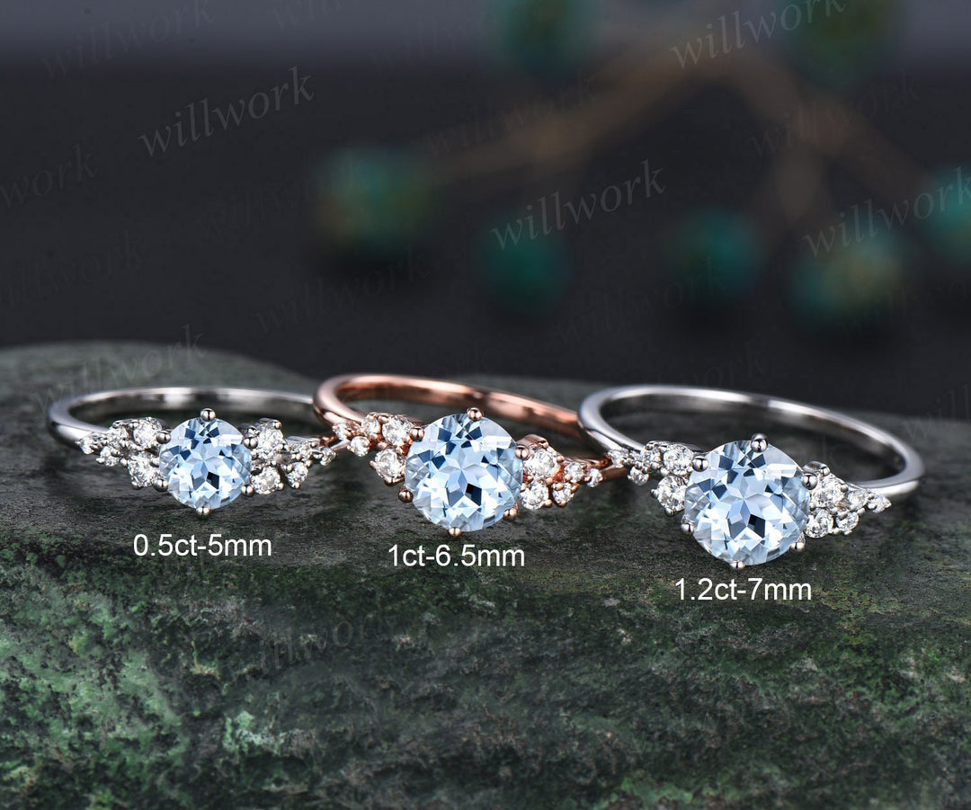 Dainty round aquamarine ring gold vintage aquamarine engagement ring white gold unique snowdrift engagement ring diamond ring women gifts