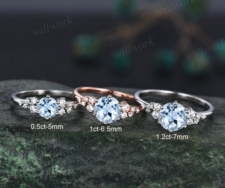 Dainty round aquamarine ring gold vintage aquamarine engagement ring white gold unique snowdrift engagement ring diamond ring women gifts