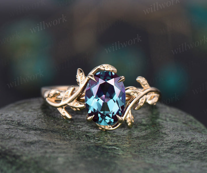Vintage Alexandrite engagement ring leaf flower 14k rose gold ring oval cut color change Alexandrite ring for women sterling silver jewelry