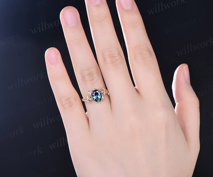 Vintage Alexandrite engagement ring leaf flower 14k rose gold ring oval cut color change Alexandrite ring for women sterling silver jewelry