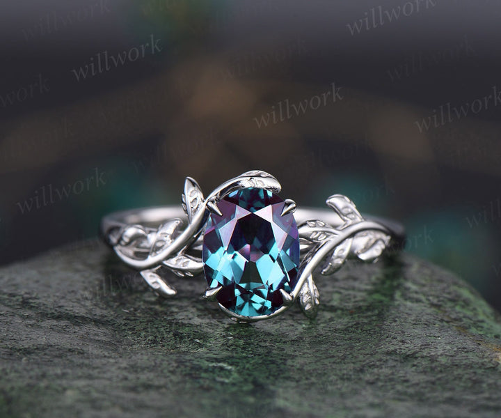 Vintage Alexandrite engagement ring leaf flower 14k rose gold ring oval cut color change Alexandrite ring for women sterling silver jewelry