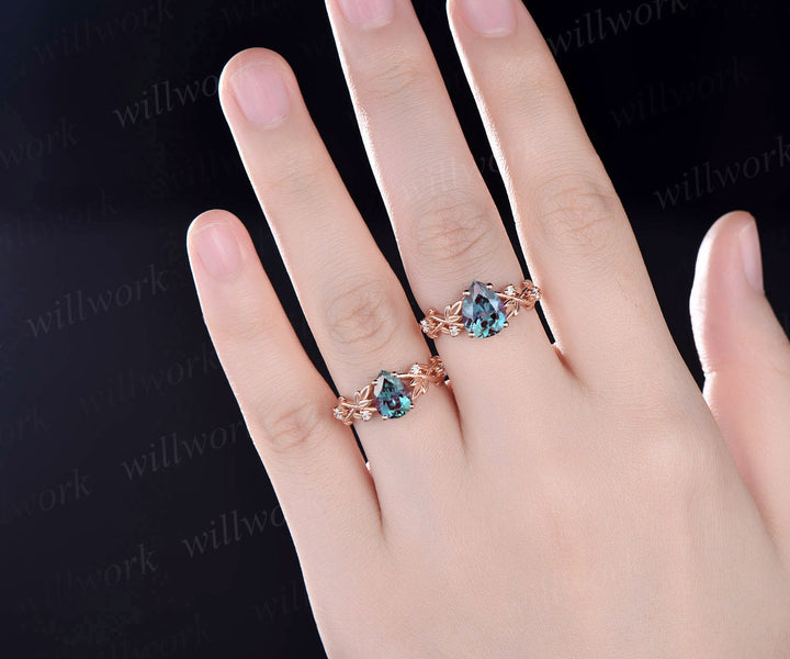 Twig pear shaped Alexandrite engagement ring set rose gold five stone leaf branch Nature inspired ring diamond wedding ring set women gift
