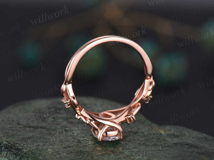 Twig Pear Salt and Pepper Diamond Engagement Ring Set Nature Inspired Leaf Aniversary Ring for Women