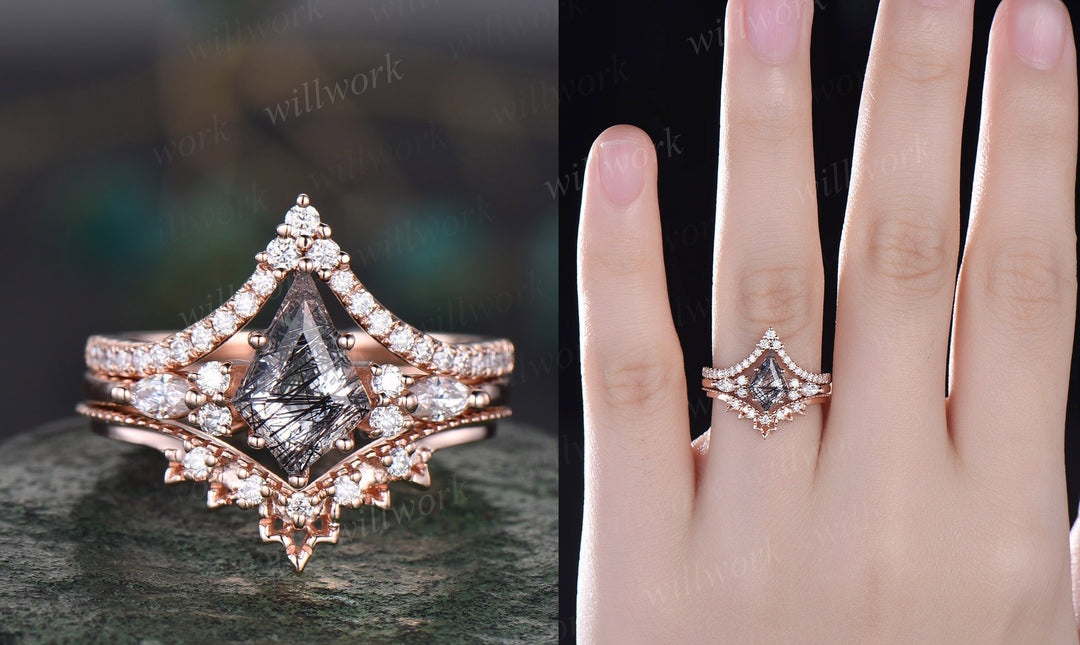 Vintage black rutilated quartz engagement ring 14k rose gold kite cut ring art deco moissanite ring for women unique bridal wedding ring set