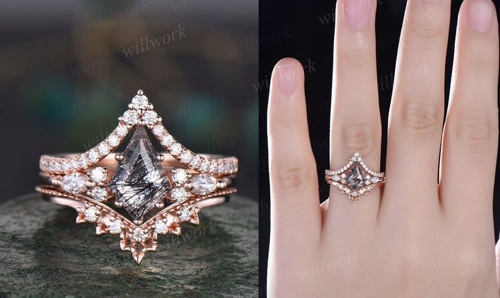 Vintage black rutilated quartz engagement ring 14k rose gold kite cut ring art deco moissanite ring for women unique bridal wedding ring set